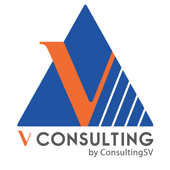 Logo VConsulting, azienda di consulenza, di colore blu e arancione